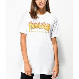 Thrasher Magazine White Boyfriend Fit T-Shirt With Flame Logo XS 100% Cotton Ska